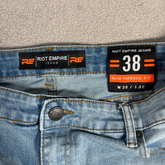 Riot Empire Jeans Men Fit 38x30 Slim Tapered Fit Light Wash Distressed Denim Y2K - Picture 3 of 12
